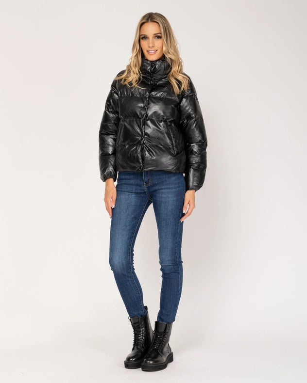 Short Metallic Flared Down Jacket With Hood Black-Jacket-Tantra-S-Urbanheer