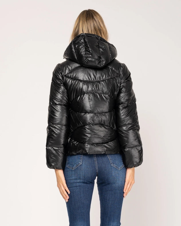 Short Metallic Flared Down Jacket With Hood Black-Jacket-Tantra-S-Urbanheer