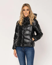 Short Metallic Flared Down Jacket With Hood Black-Jacket-Tantra-S-Urbanheer