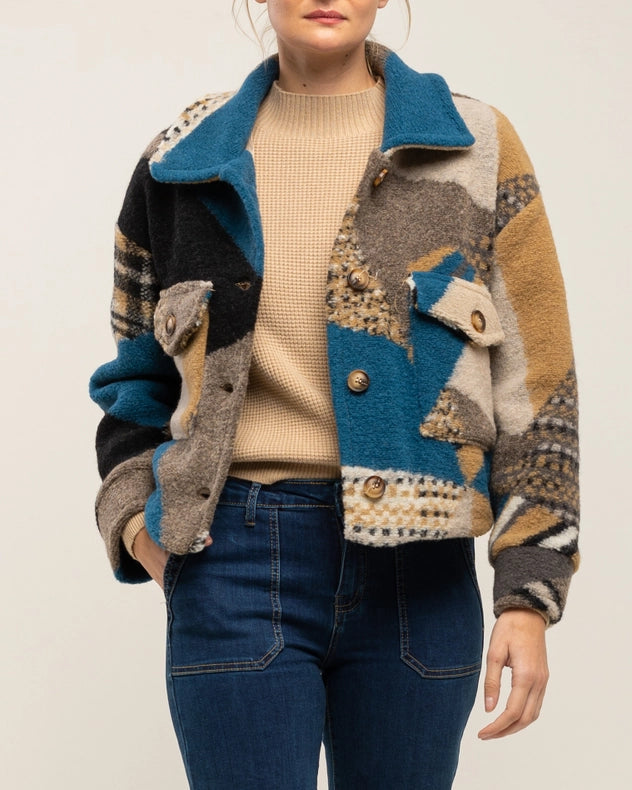 Short Printed Wool Jacket With Buttons And Pockets Blue-Jacket-Tantra-YOUR-Urbanheer