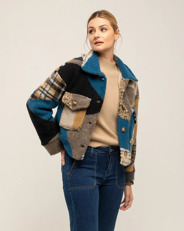 Short Printed Wool Jacket With Buttons And Pockets Blue-Jacket-Tantra-YOUR-Urbanheer