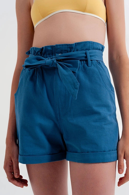 Shorts With Belted Waist In Blue-Shorts-Q2-L-Blue-Urbanheer