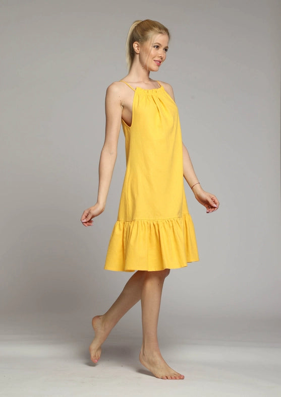 Sicily Midi Linen Dress with Gathered Neckline-Dress-Truly Linen-XS-Yellow-Urbanheer