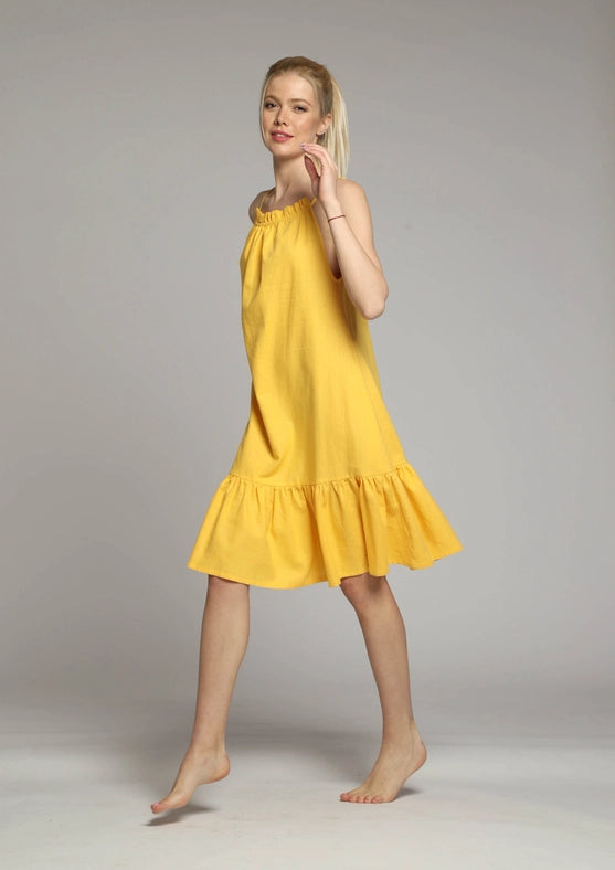 Sicily Midi Linen Dress with Gathered Neckline-Dress-Truly Linen-XS-Yellow-Urbanheer