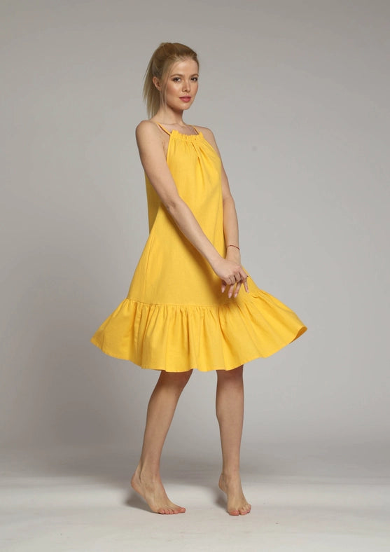 Sicily Midi Linen Dress with Gathered Neckline-Dress-Truly Linen-XS-Yellow-Urbanheer