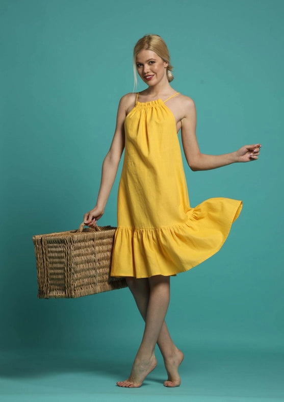 Sicily Midi Linen Dress with Gathered Neckline-Dress-Truly Linen-XS-Yellow-Urbanheer