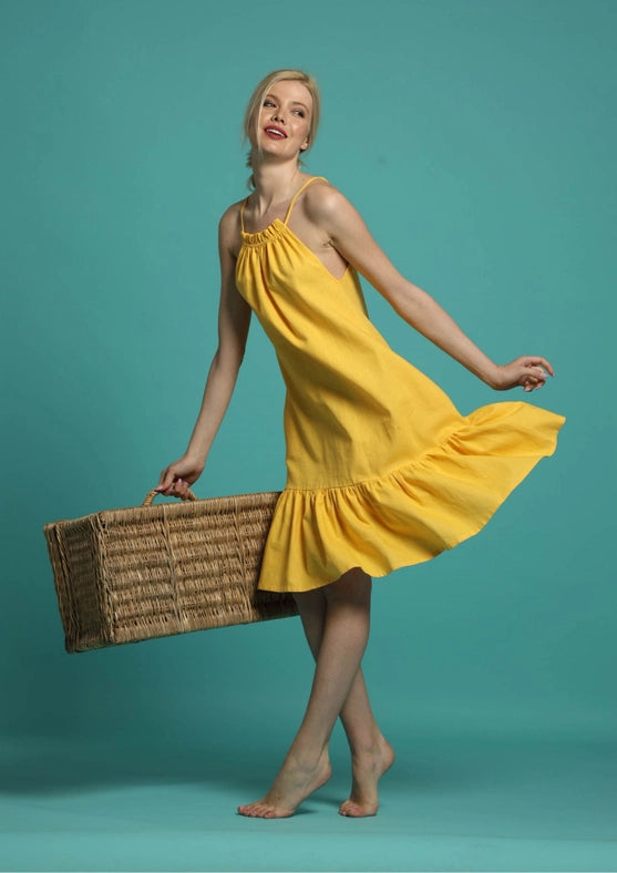 Sicily Midi Linen Dress with Gathered Neckline-Dress-Truly Linen-XS-Yellow-Urbanheer