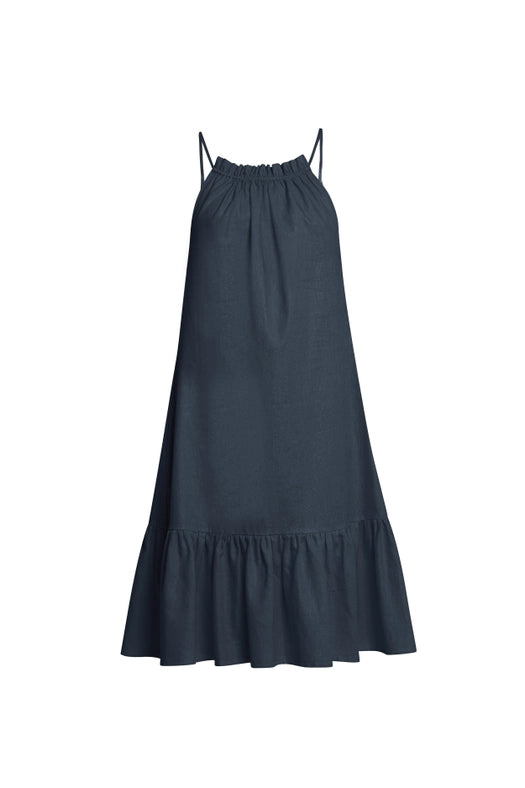 Sicily Midi Linen Dress with Gathered Neckline in Navy-Dress-Truly Linen-XS-NAVY-Urbanheer