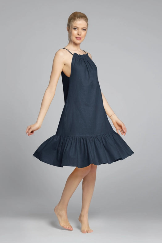 Sicily Midi Linen Dress with Gathered Neckline in Navy-Dress-Truly Linen-XS-NAVY-Urbanheer