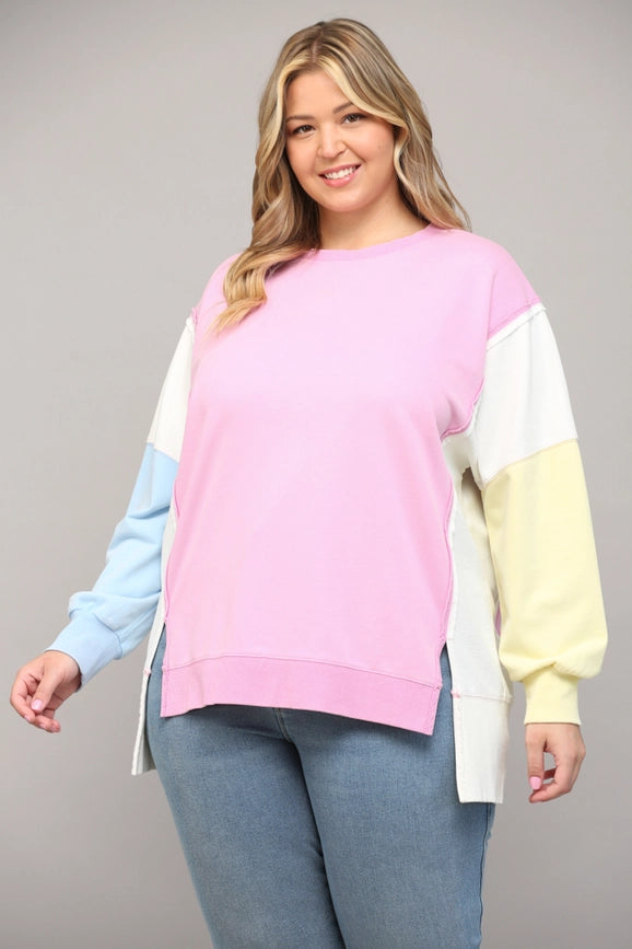 Side Slit Color Block Sweatshirt PINK/CREAM/BLUE-Sweatshirt-FATE-1XL-PINK/CREAM/BLUE-Urbanheer
