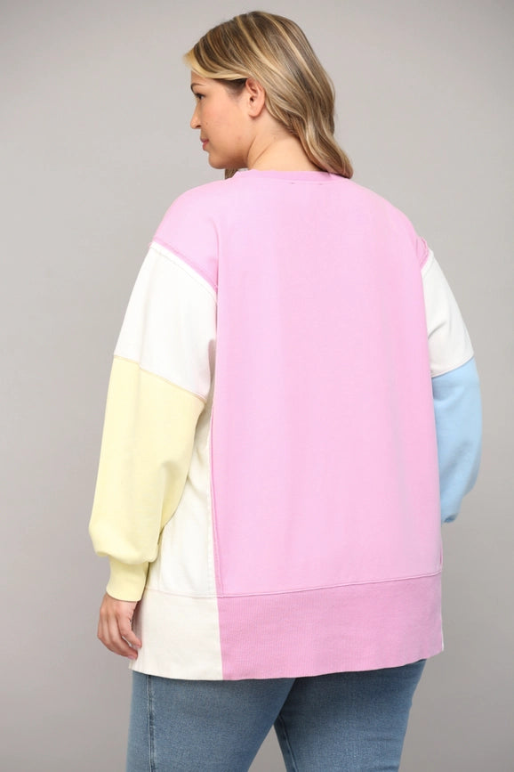 Side Slit Color Block Sweatshirt PINK/CREAM/BLUE-Sweatshirt-FATE-1XL-PINK/CREAM/BLUE-Urbanheer