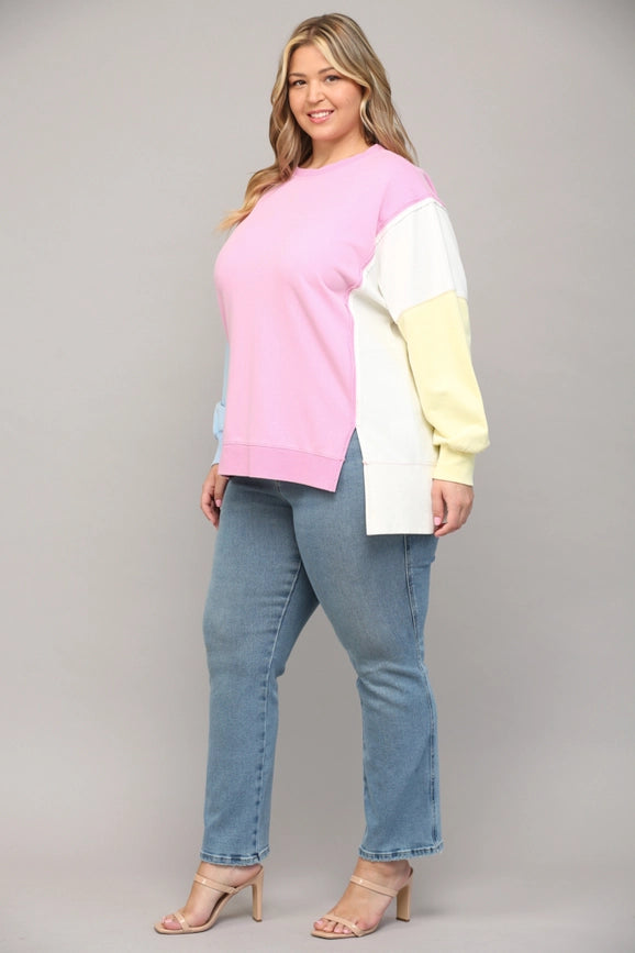 Side Slit Color Block Sweatshirt PINK/CREAM/BLUE-Sweatshirt-FATE-1XL-PINK/CREAM/BLUE-Urbanheer