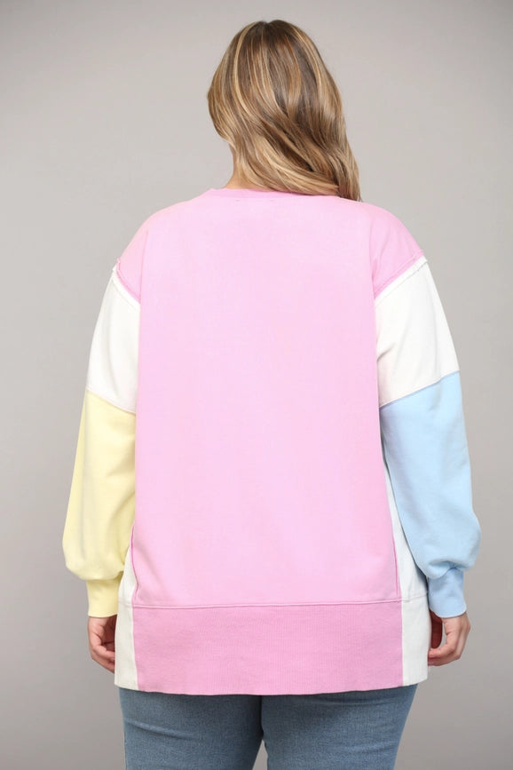 Side Slit Color Block Sweatshirt PINK/CREAM/BLUE-Sweatshirt-FATE-1XL-PINK/CREAM/BLUE-Urbanheer
