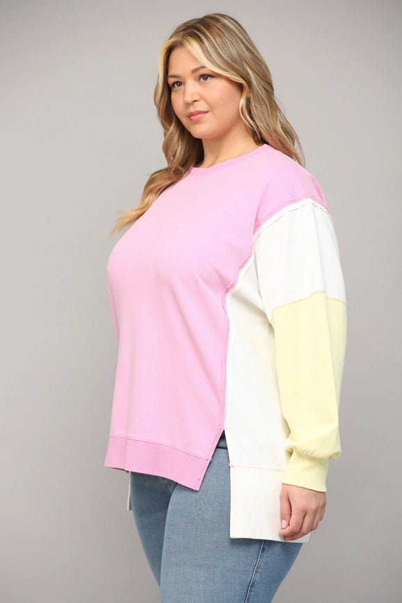 Side Slit Color Block Sweatshirt PINK/CREAM/BLUE-Sweatshirt-FATE-1XL-PINK/CREAM/BLUE-Urbanheer