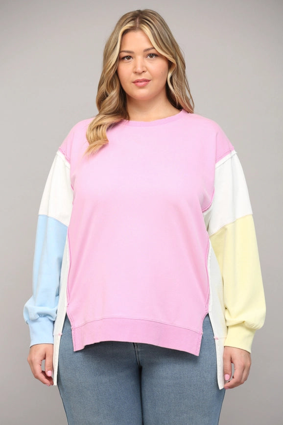 Side Slit Color Block Sweatshirt PINK/CREAM/BLUE-Sweatshirt-FATE-1XL-PINK/CREAM/BLUE-Urbanheer