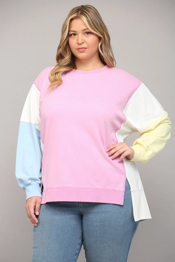 Side Slit Color Block Sweatshirt PINK/CREAM/BLUE-Sweatshirt-FATE-1XL-PINK/CREAM/BLUE-Urbanheer
