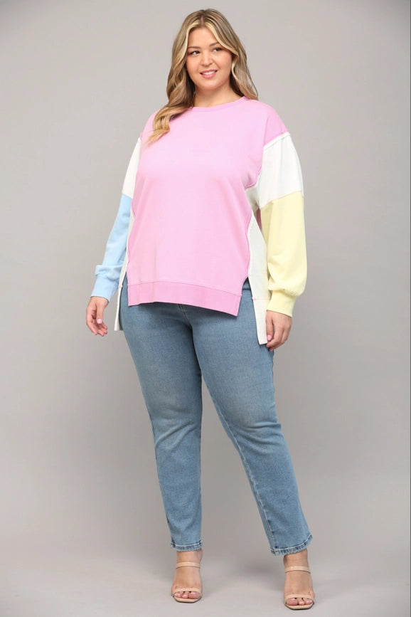 Side Slit Color Block Sweatshirt PINK/CREAM/BLUE-Sweatshirt-FATE-1XL-PINK/CREAM/BLUE-Urbanheer