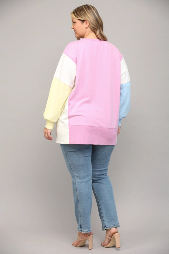 Side Slit Color Block Sweatshirt PINK/CREAM/BLUE-Sweatshirt-FATE-1XL-PINK/CREAM/BLUE-Urbanheer