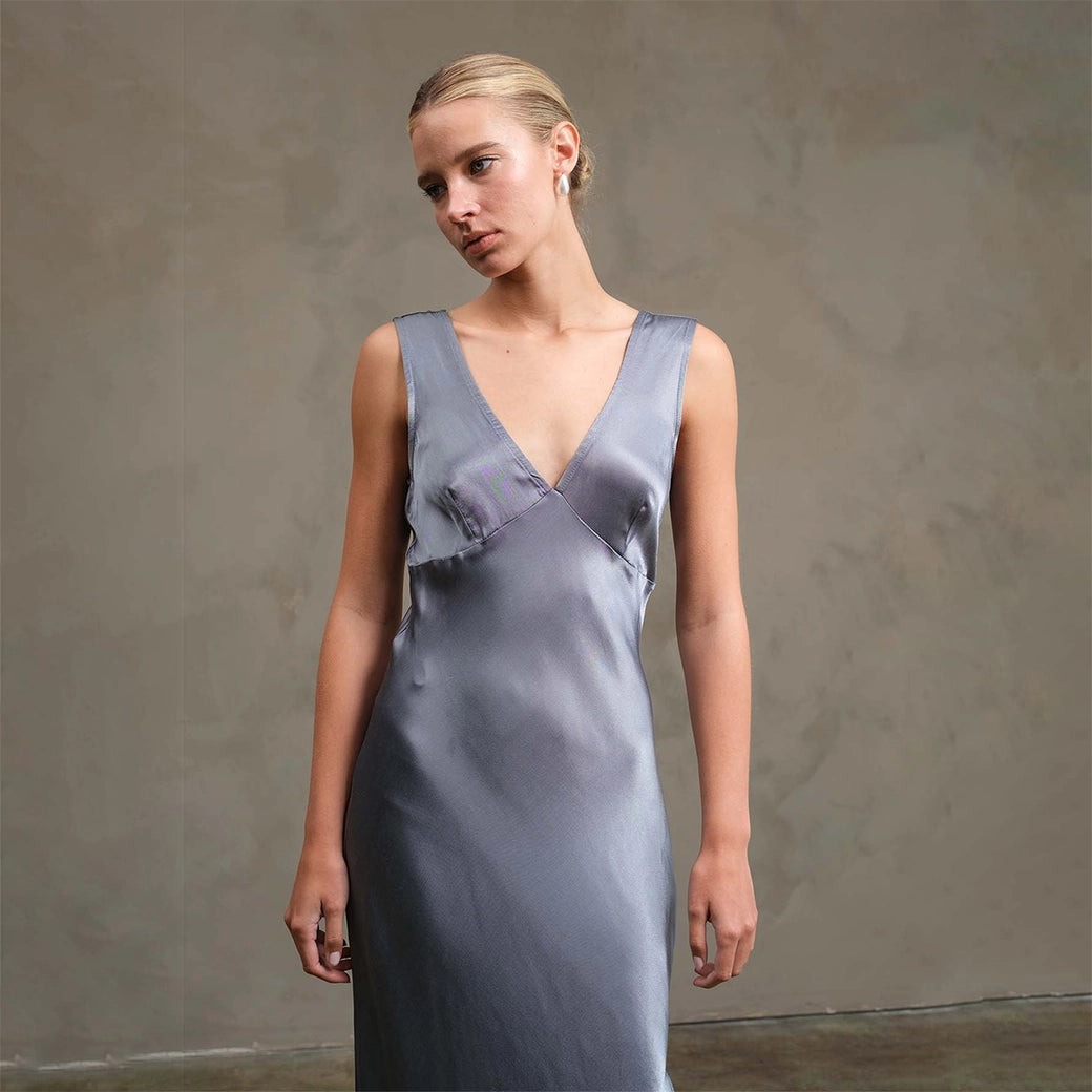 Side Slit Satin Dress - Slate Blue