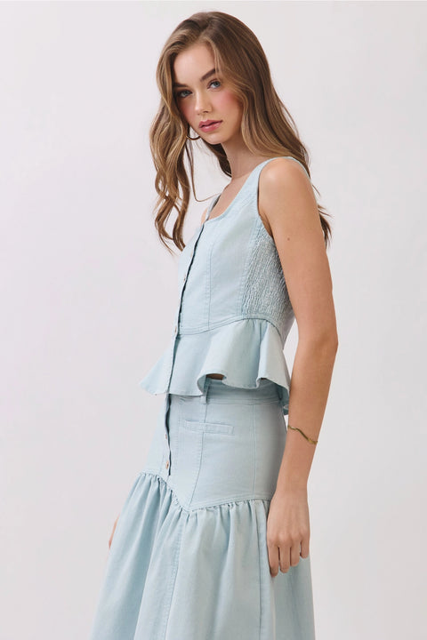 Side Smocked Peplum Button Front Top
