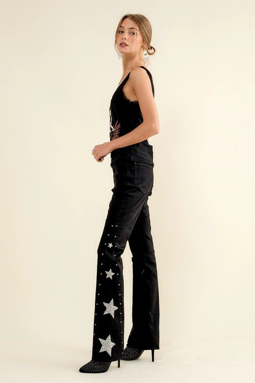 Side Star Glitter Bell Bottom Jeans-Jeans-Blue B-S-BLACK-Urbanheer