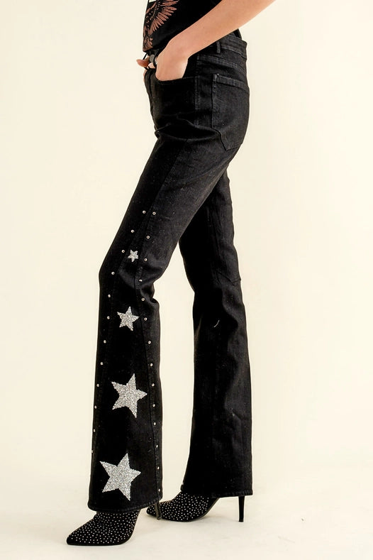 Side Star Glitter Bell Bottom Jeans