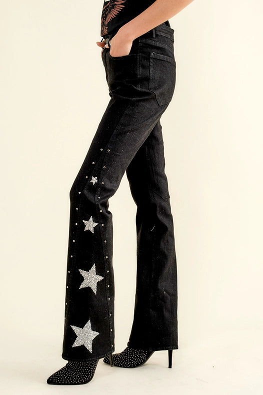 Side Star Glitter Bell Bottom Jeans-Jeans-Blue B-S-BLACK-Urbanheer