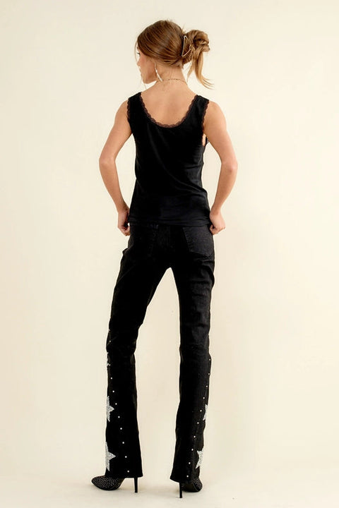 Side Star Glitter Bell Bottom Jeans-Jeans-Blue B-S-BLACK-Urbanheer