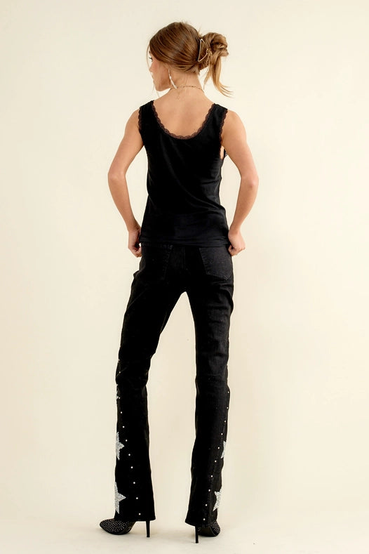 Side Star Glitter Bell Bottom Jeans-Jeans-Blue B-S-BLACK-Urbanheer