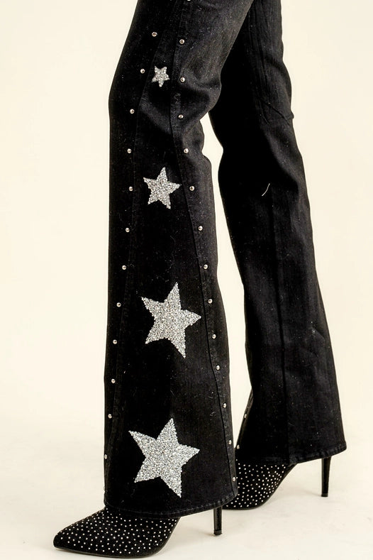 Side Star Glitter Bell Bottom Jeans-Jeans-Blue B-S-BLACK-Urbanheer