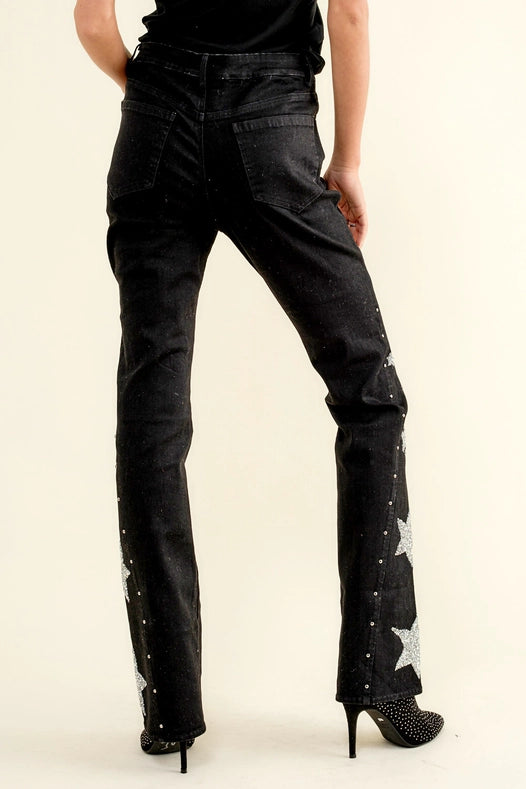 Side Star Glitter Bell Bottom Jeans-Jeans-Blue B-S-BLACK-Urbanheer