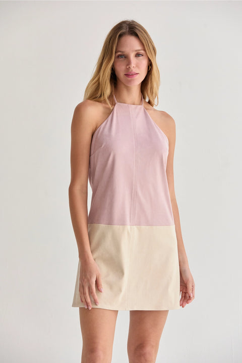 Sidney Suede Color Block Halter Mini Dress