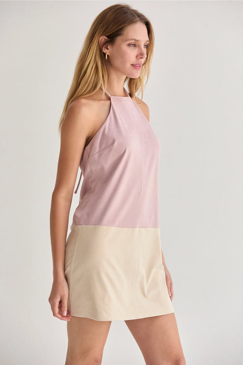 Sidney Suede Color Block Halter Mini Dress