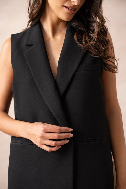 Signature Plain Sleeveless Long Suit Vest Black