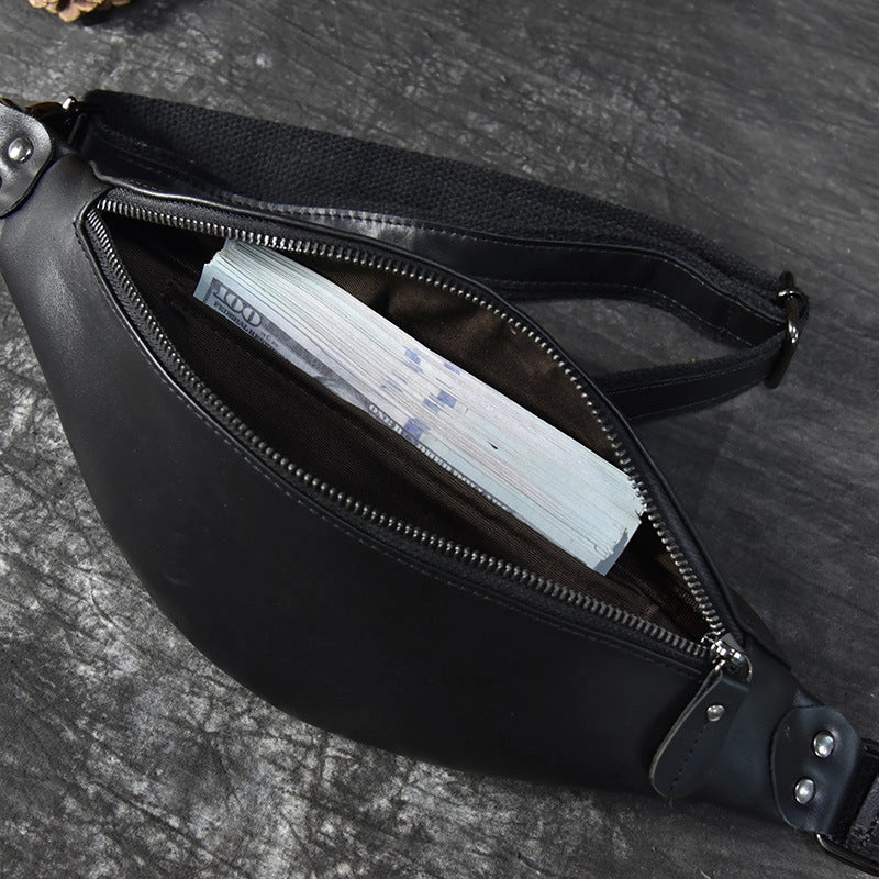 Sigrid Smooth Black Leather Waist Bag | Smooth Black Leather Fanny Pack-Waist Bag-Steel Horse Leather-Leather-Black-Urbanheer
