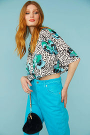 Silk Blend Animal Print Floral Cropped Blouse-Tops-Buy Me Fur Ltd-S-M-Blue-Silk-Urbanheer