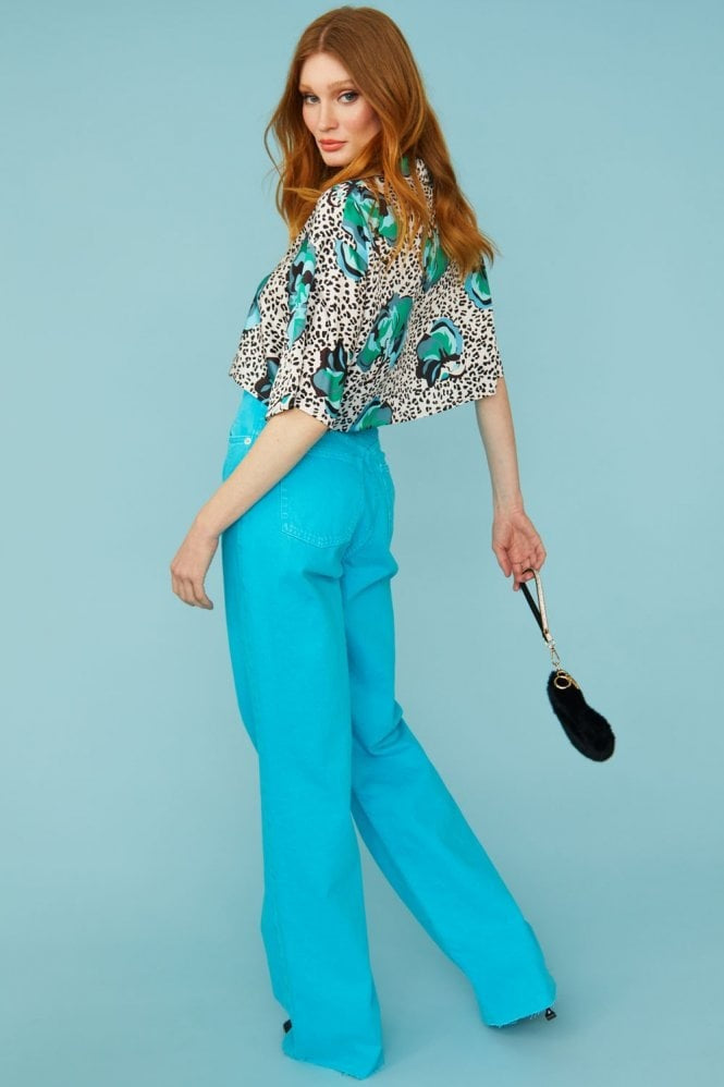 Silk Blend Animal Print Floral Cropped Blouse-Tops-Buy Me Fur Ltd-S-M-Blue-Silk-Urbanheer