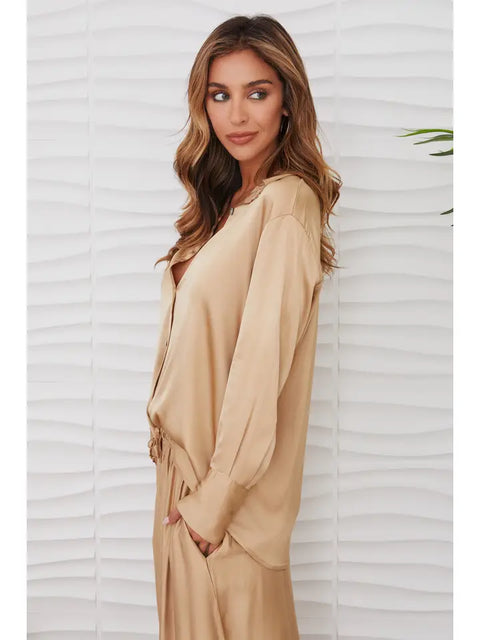Silky Button Down Long Sleeve Top-Top-MILIO MILANO-XS-Champagne-Urbanheer