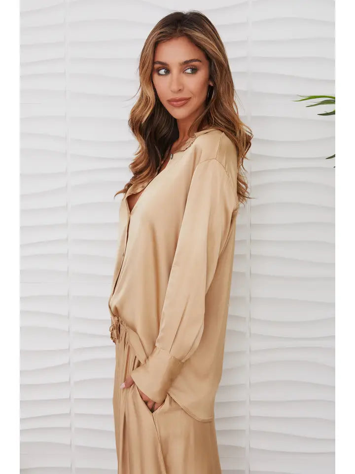 Silky Button Down Long Sleeve Top-Top-MILIO MILANO-XS-Champagne-Urbanheer