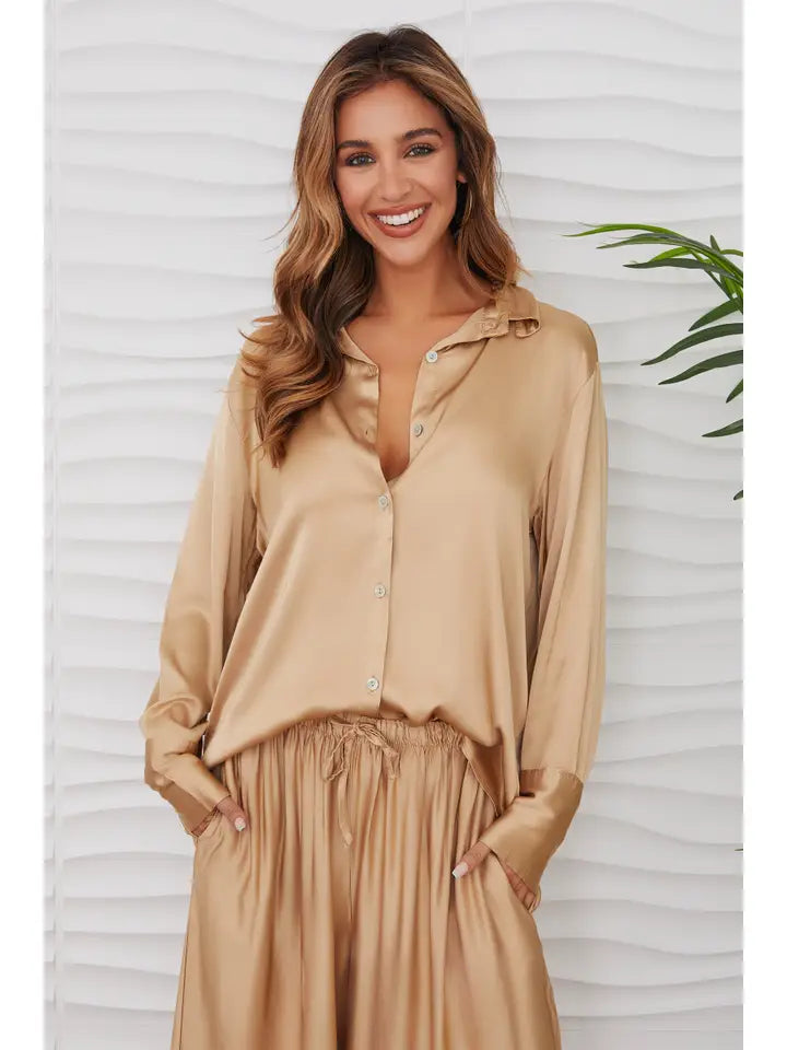 Silky Button Down Long Sleeve Top-Top-MILIO MILANO-XS-Champagne-Urbanheer