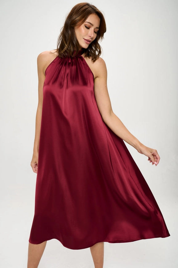 Silky Satin Midi Dress with Tie Detail-Dress-Renee C.-S-burgundy-Urbanheer
