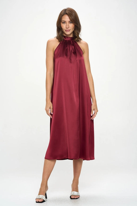 Silky Satin Midi Dress With Tie Detail-Dress-Renee C.-S-burgundy-Urbanheer