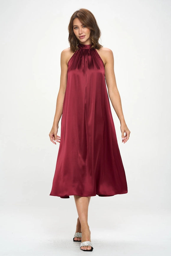 Silky Satin Midi Dress With Tie Detail-Dress-Renee C.-S-burgundy-Urbanheer