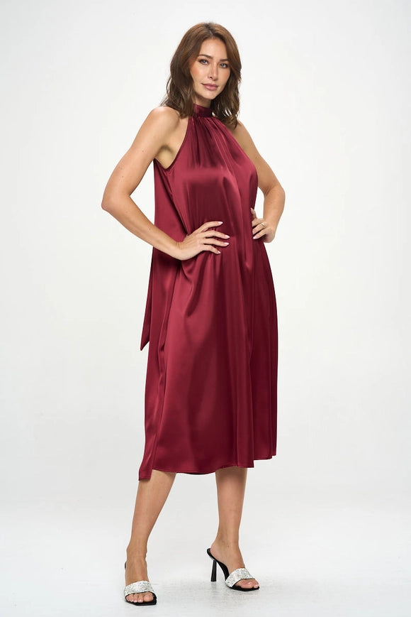 Silky Satin Midi Dress With Tie Detail-Dress-Renee C.-S-burgundy-Urbanheer