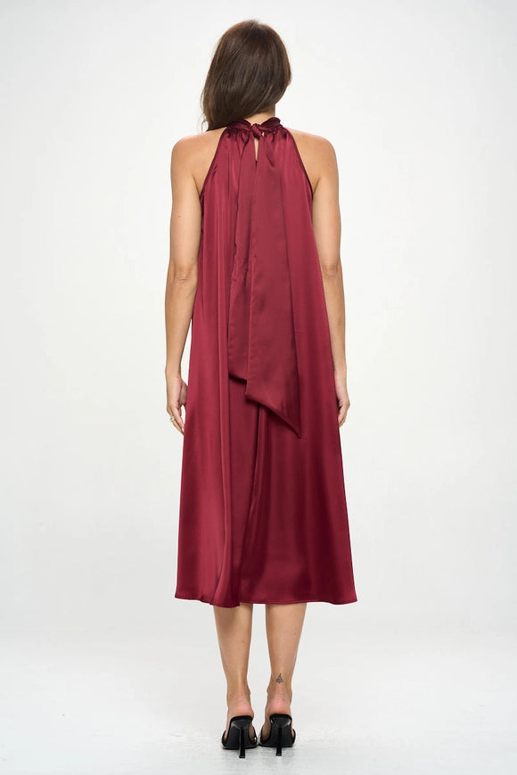 Silky Satin Midi Dress With Tie Detail-Dress-Renee C.-S-burgundy-Urbanheer