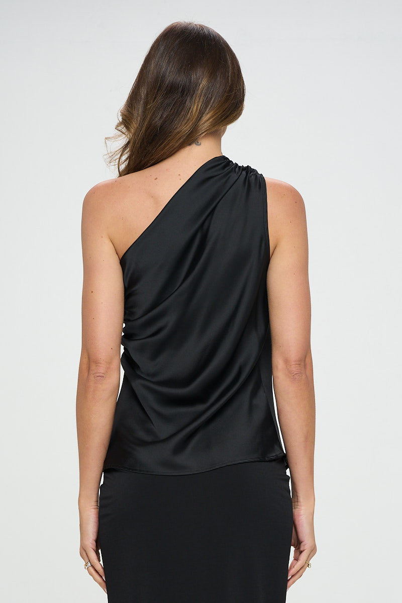 Silky Satin One Shoulder Ruched Top-New Arrival-Reneecollection-Small-BLACK-Urbanheer