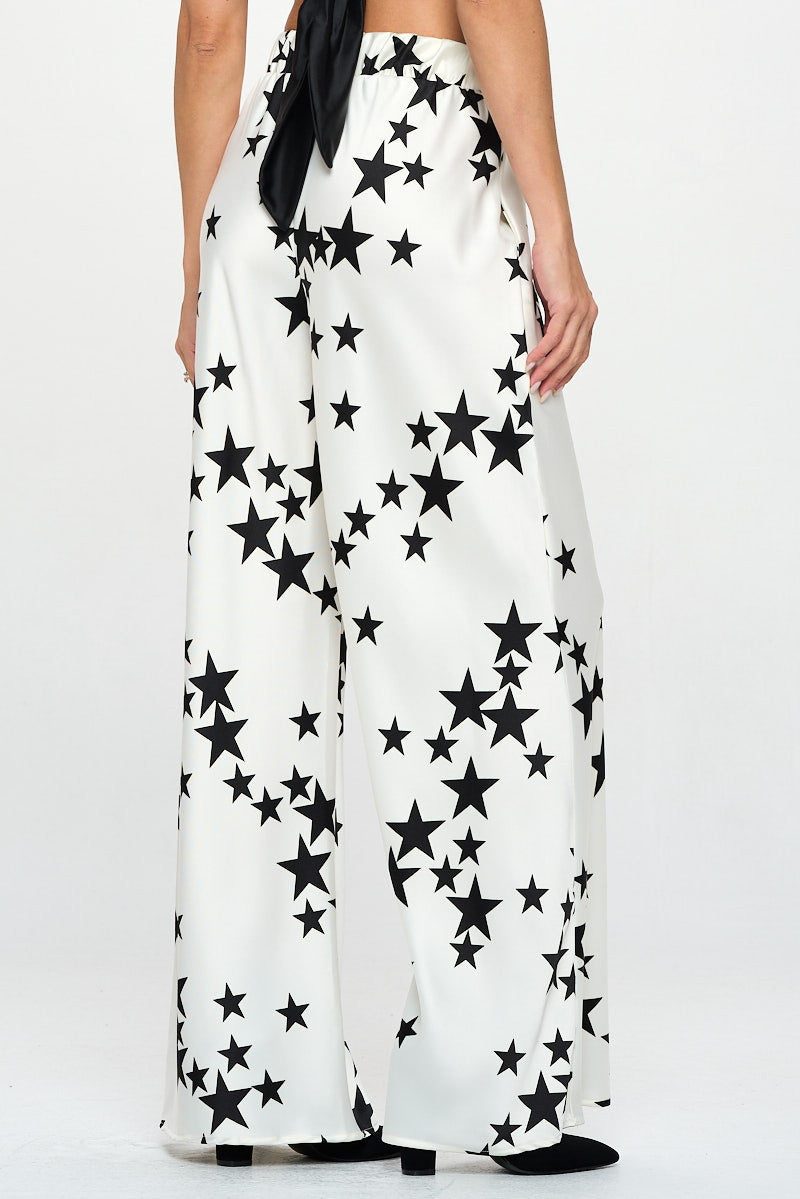 Silky Satin Star Print Pants with Side Pocket-New Arrival-Reneecollection-Small-WHITE/BLACK-Urbanheer