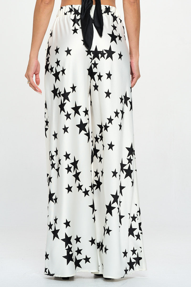 Silky Satin Star Print Pants with Side Pocket-New Arrival-Reneecollection-Small-WHITE/BLACK-Urbanheer