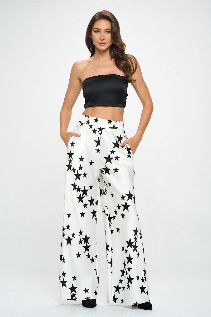 Silky Satin Star Print Pants with Side Pocket-New Arrival-Reneecollection-Small-WHITE/BLACK-Urbanheer