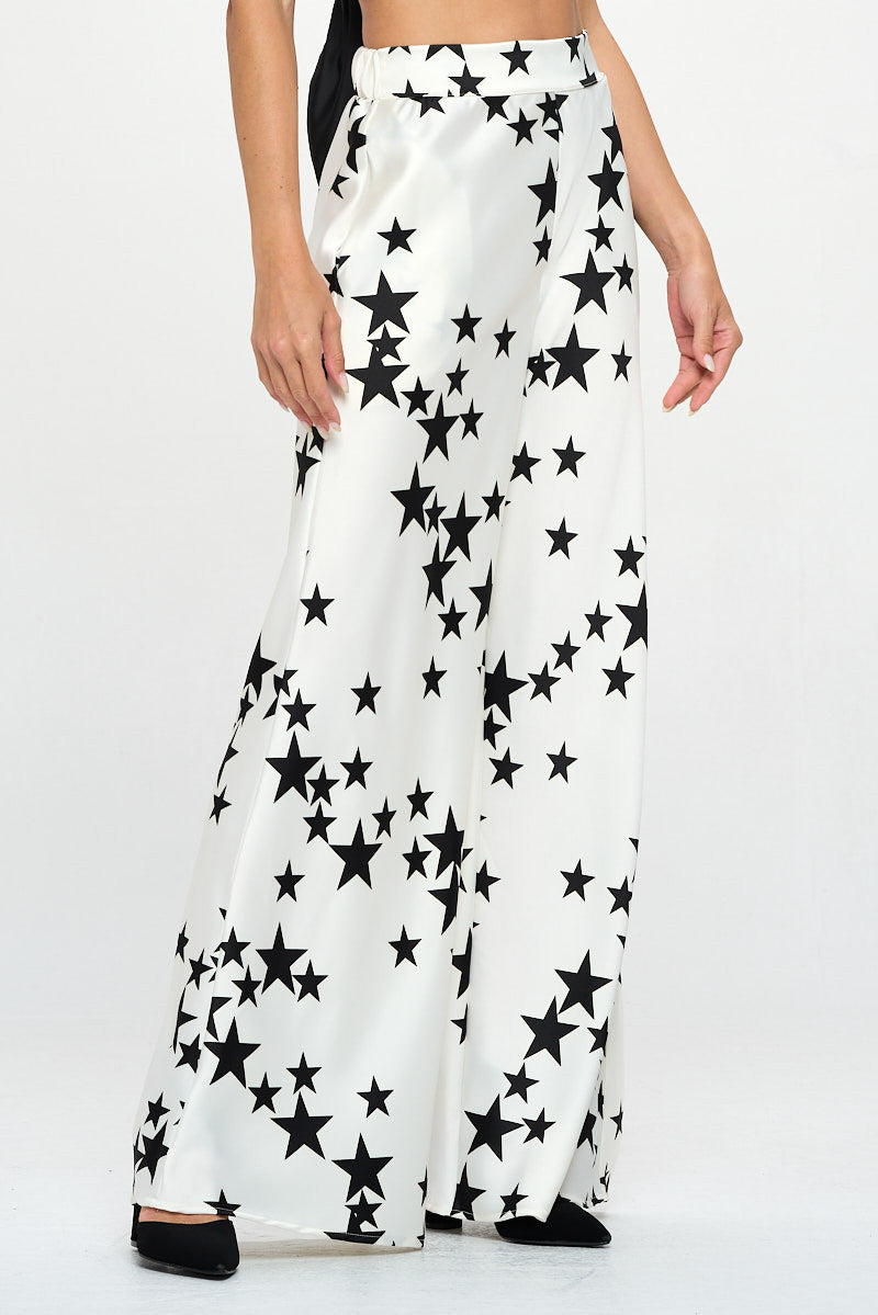 Silky Satin Star Print Pants with Side Pocket-New Arrival-Reneecollection-Small-WHITE/BLACK-Urbanheer